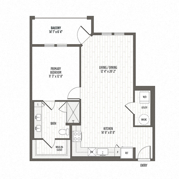 Floor plan for 1 bed, 1 bath, 803 sqft